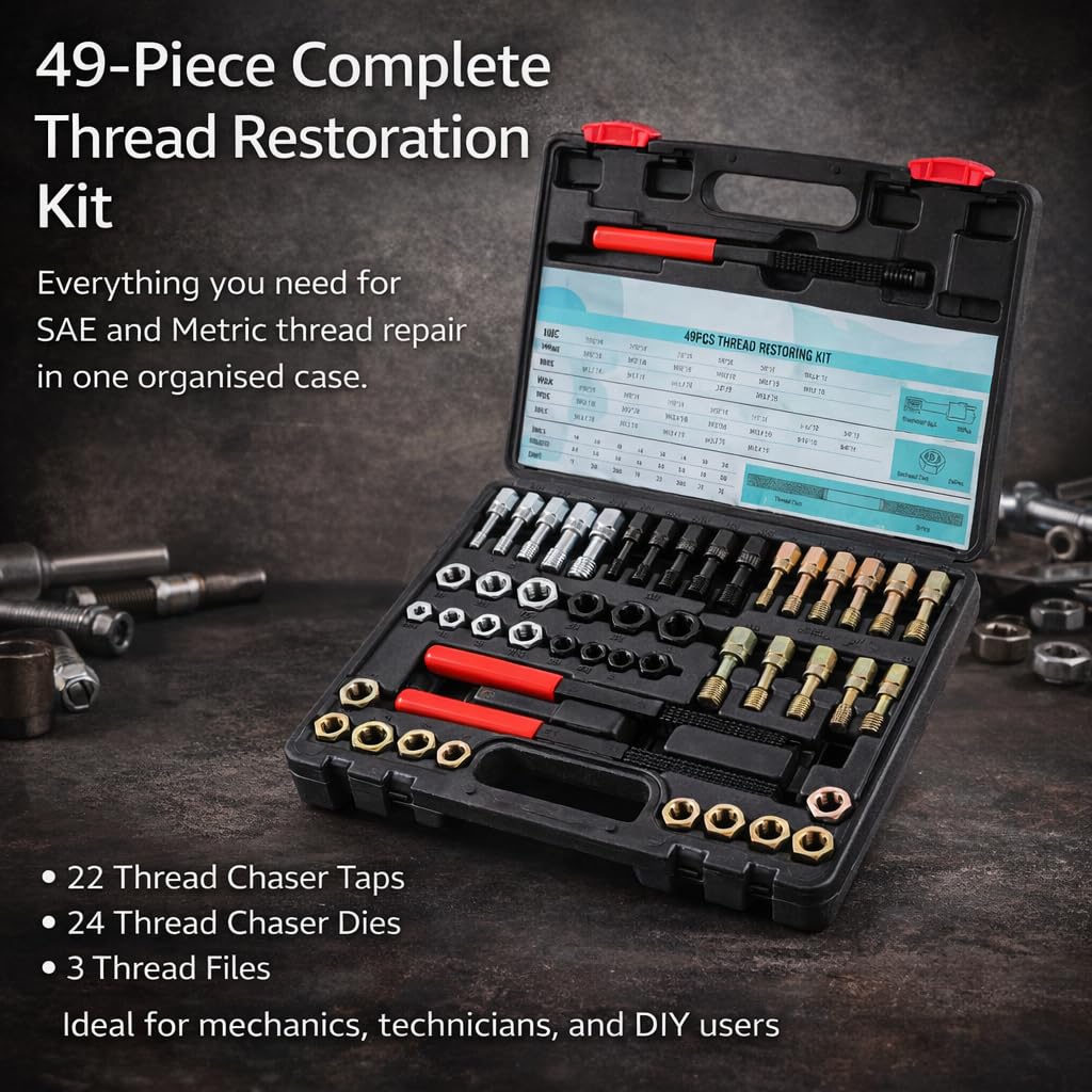 KATSU Tools Set di 49 pezzi per filettatura, kit di strumenti per la rifilatura, UNC UNF e strumento di ripristino filettatura metrica, 22 rubinetti, 24 matrici, 3 lime filettate, kit di riparazione