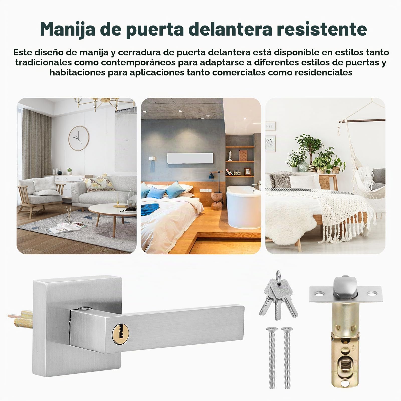 HSEAMALL Tirador de palanca para puerta, tirador de puerta interior con cerradura y llave, puerta de entrada cuadrada para dormitorio oficina mano derecha o izquierda (plata)