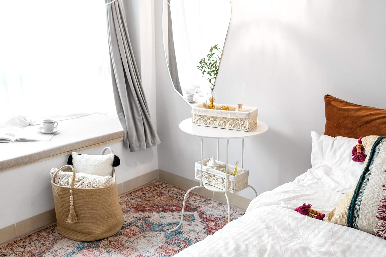 Mkono Macrame Storage Baskets for Organizing Boho Decor Bins with Removable Cloth Liner for Countertop Round Paper Toilet Tank Shelf Cabinet Organizer for Bedroom Nursery Living Room, Set of 2, Ivory