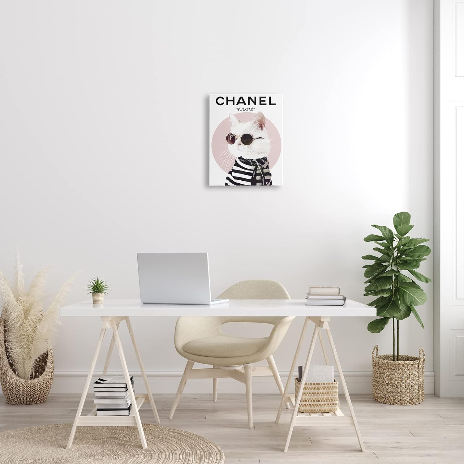 Stupell Industries Chic Kitty Cat Meow Glam Fashion Pink Circle, Designed by ROS Ruseva Canvas Wall Art, White, 16x20