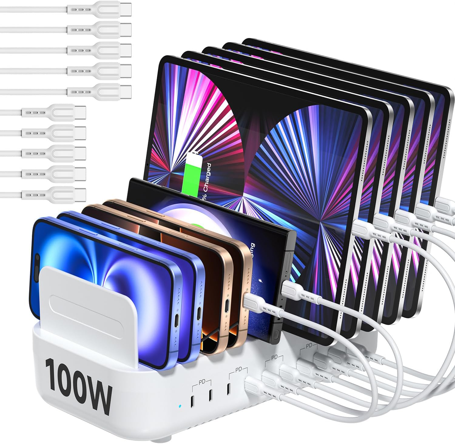 SooPii Multi USB Charging Station,100W 10-Port Type C Fast lPad Charging Station for Multiple Devices with 10 Cables and Adjustable Dividers, Compatible with Phone, Tablet,Kindle and More(White)