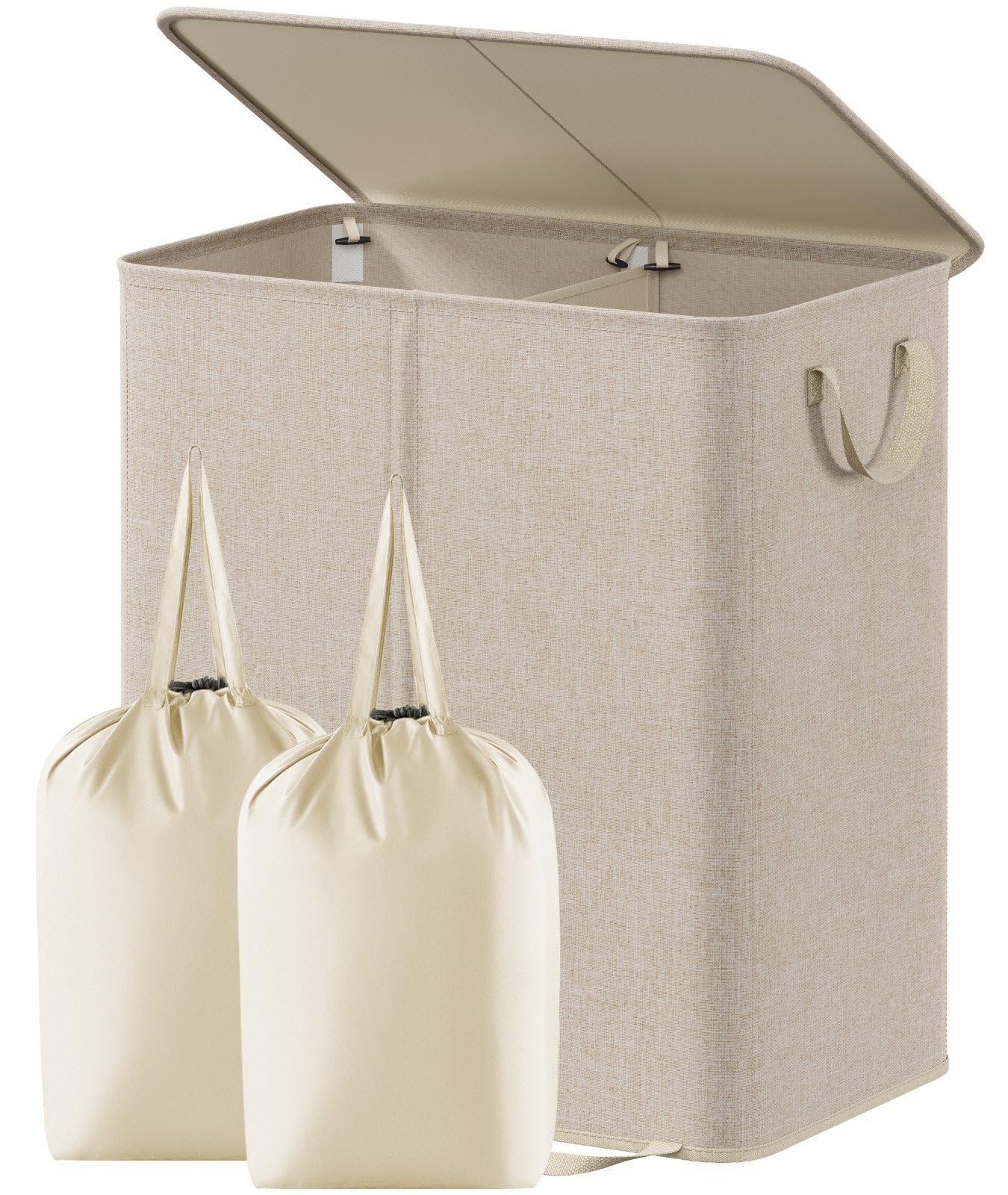 Lifewit 155L Wäschekorb mit Deckel und 2 Fächern, Beige