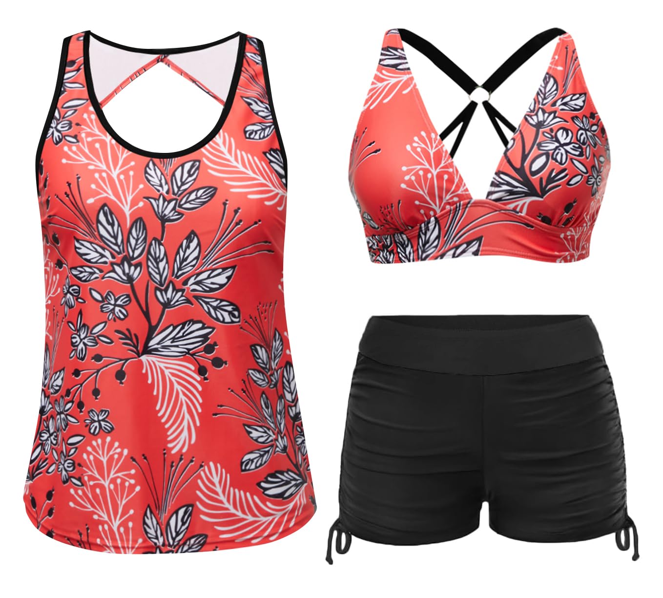 Yonique 3 Piece Tankini Swimsuits for Women Swim Tank Top Bathing Suits with Boy Shorts and Bra Athletic Swimwear