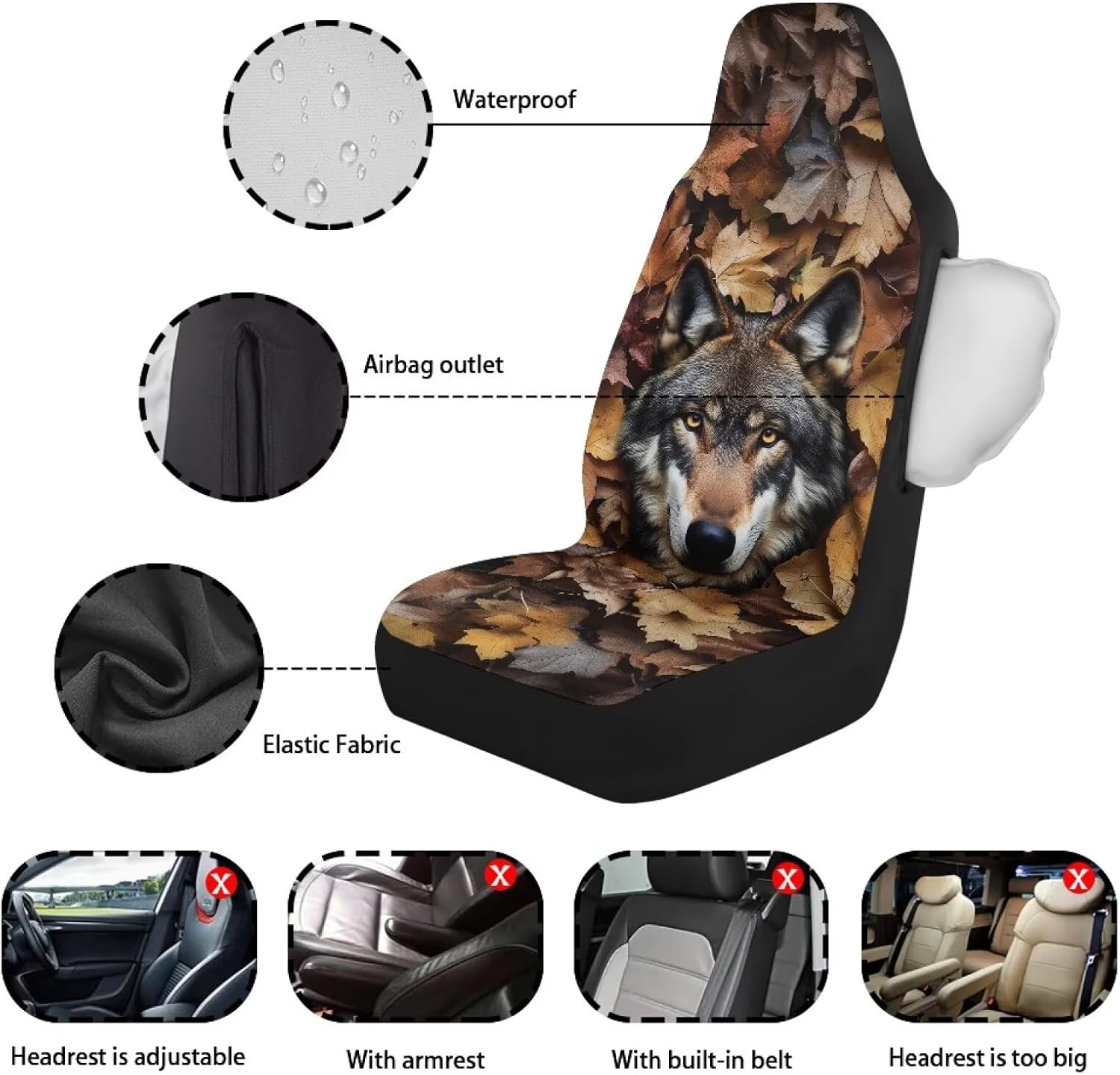 Quelytrip Hunting Camo Wolf Car Seat Cover Waterproof Seat Covers for Cars Front Seat Protectors Airbag Compatible Automotive Seat Covers & Accessories for Men