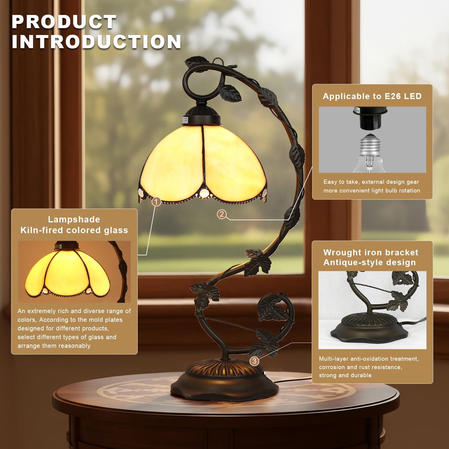 Tiffany Table Lamp, Yellow Glass Shade with Metal Vine Base, 8x10x20 Inch