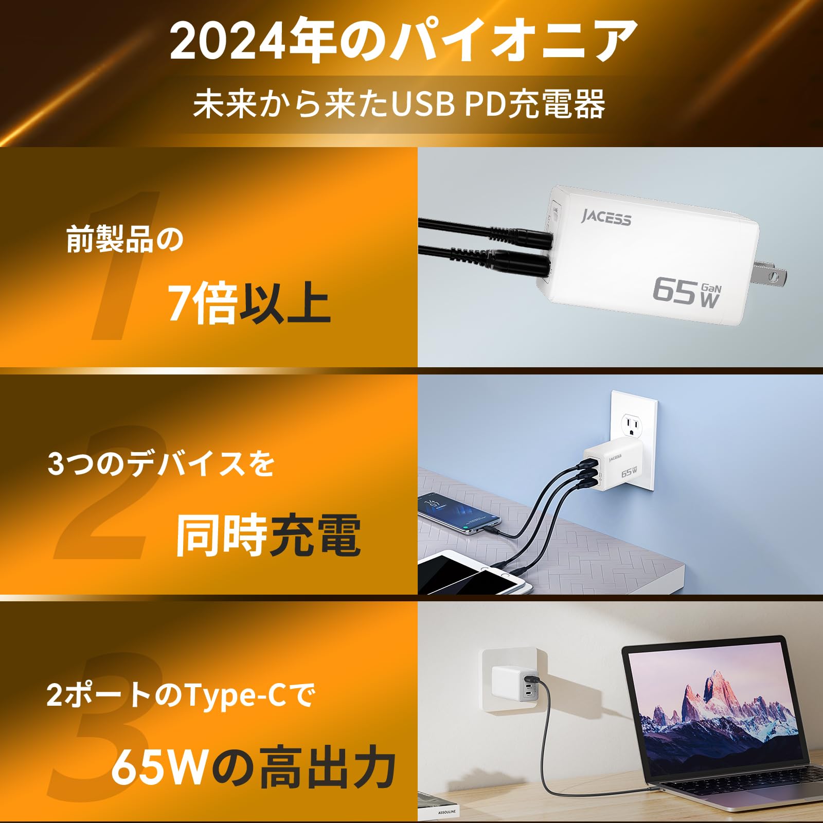 65W PD急速充電器 Type-C 3ポート GaN III 折りたたみ式プラグ