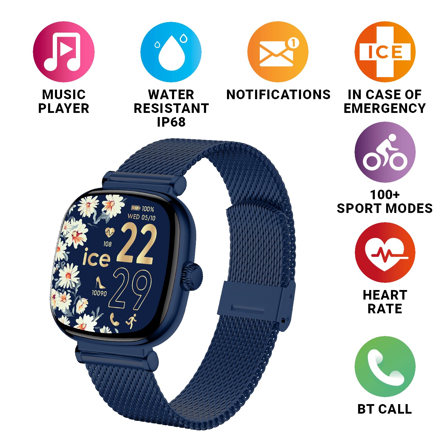 Ice-Watch - ICE smart SQ 2.0 Blue Milanese - Niebieski smartwatch damski z paskiem ze stali nierdzewnej - 025891 (1,2 cala / 37mm)