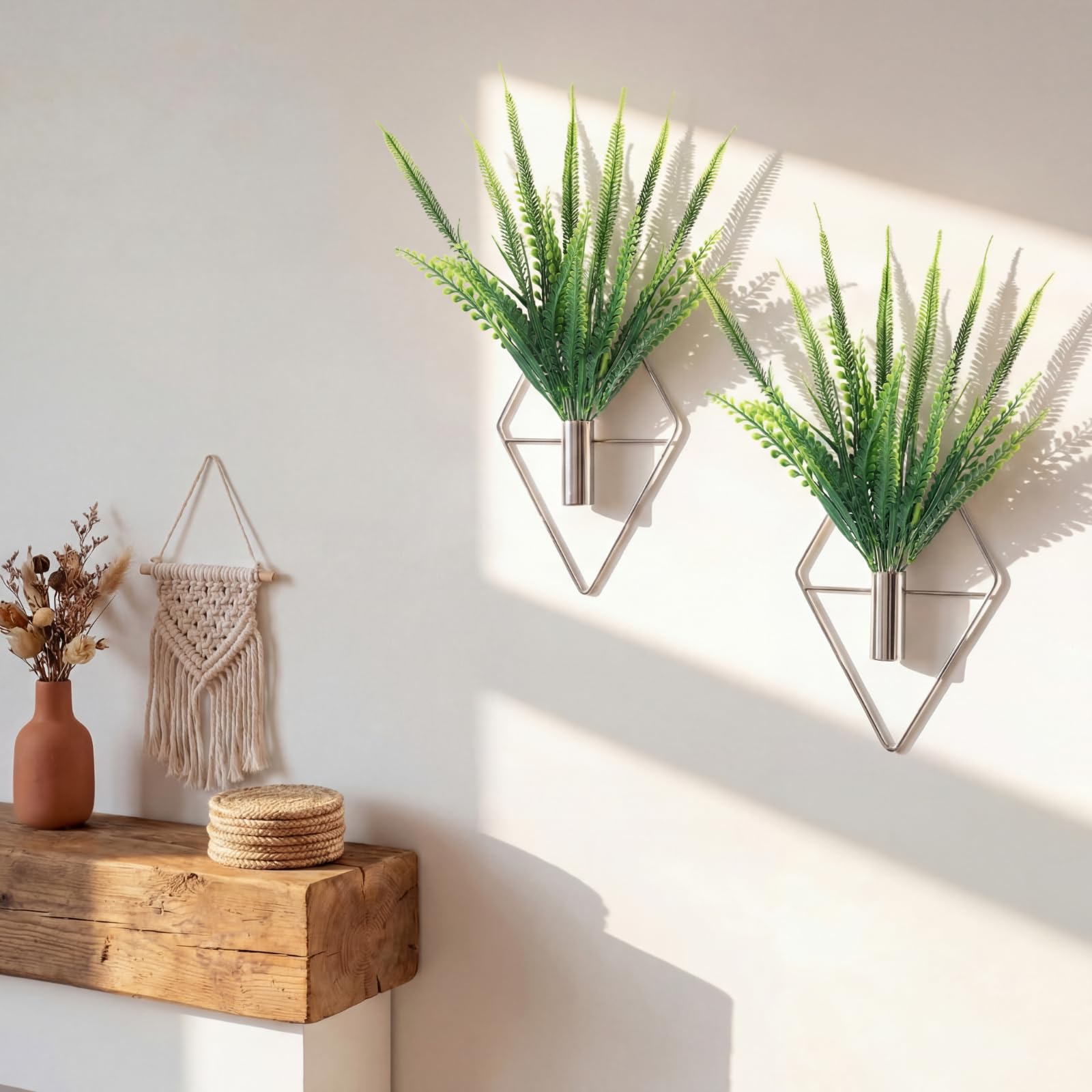Canlierr 2 Pieces Wall Decor Hanging Planters with Artificial Plants Metal Hanging Vase Indoor Plants Holder Modern Boho Wall Art for Bathroom Bedroom Living Room Decor(Silver,Boston Fern)