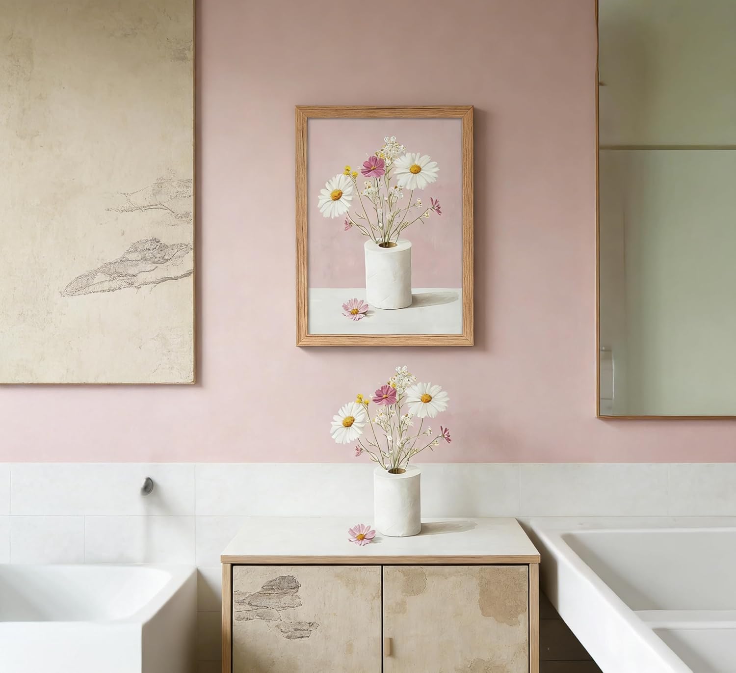 Framed Funny Bathroom Canvas Wall Art,Pink Daisy Floral Botanical Painting Picture Wall Decor,Minimalist Toilet Paper Flower Poster Print Artwork,for Restroom Toilet Home Decoration,