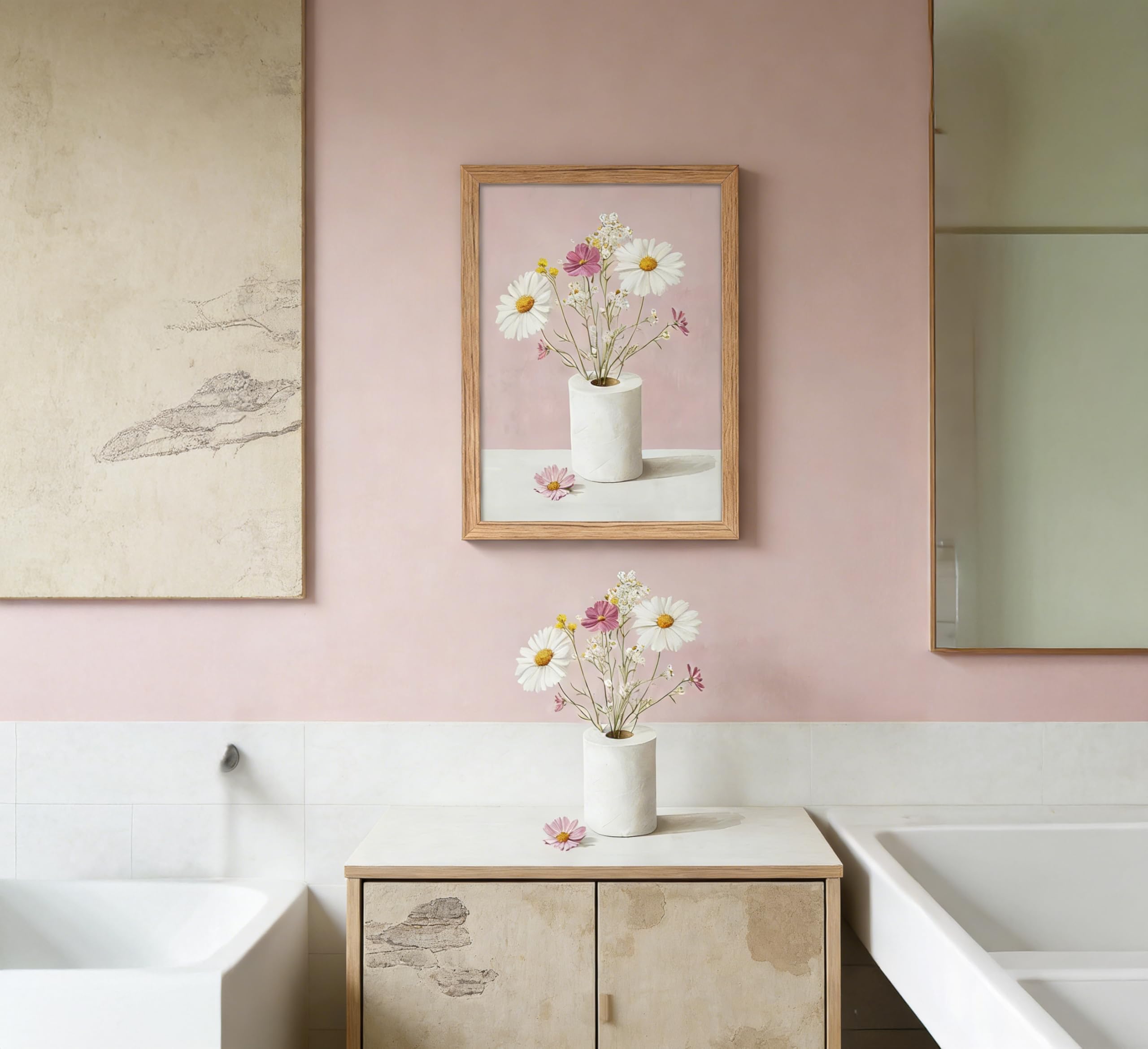 Framed Funny Bathroom Canvas Wall Art,Pink Daisy Floral Botanical Painting Picture Wall Decor,Minimalist Toilet Paper Flower Poster Print Artwork,for Restroom Toilet Home Decoration, — view 6