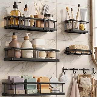 6 Pack Shower Caddy - Stainless Steel Shower Shelf for Inside Shower | Black Fully Hollowed-Out Mesh Base Supports Up to 40 lbs Adhesive Installation for Bathrooms Kitchens Bedrooms Laundry Rooms