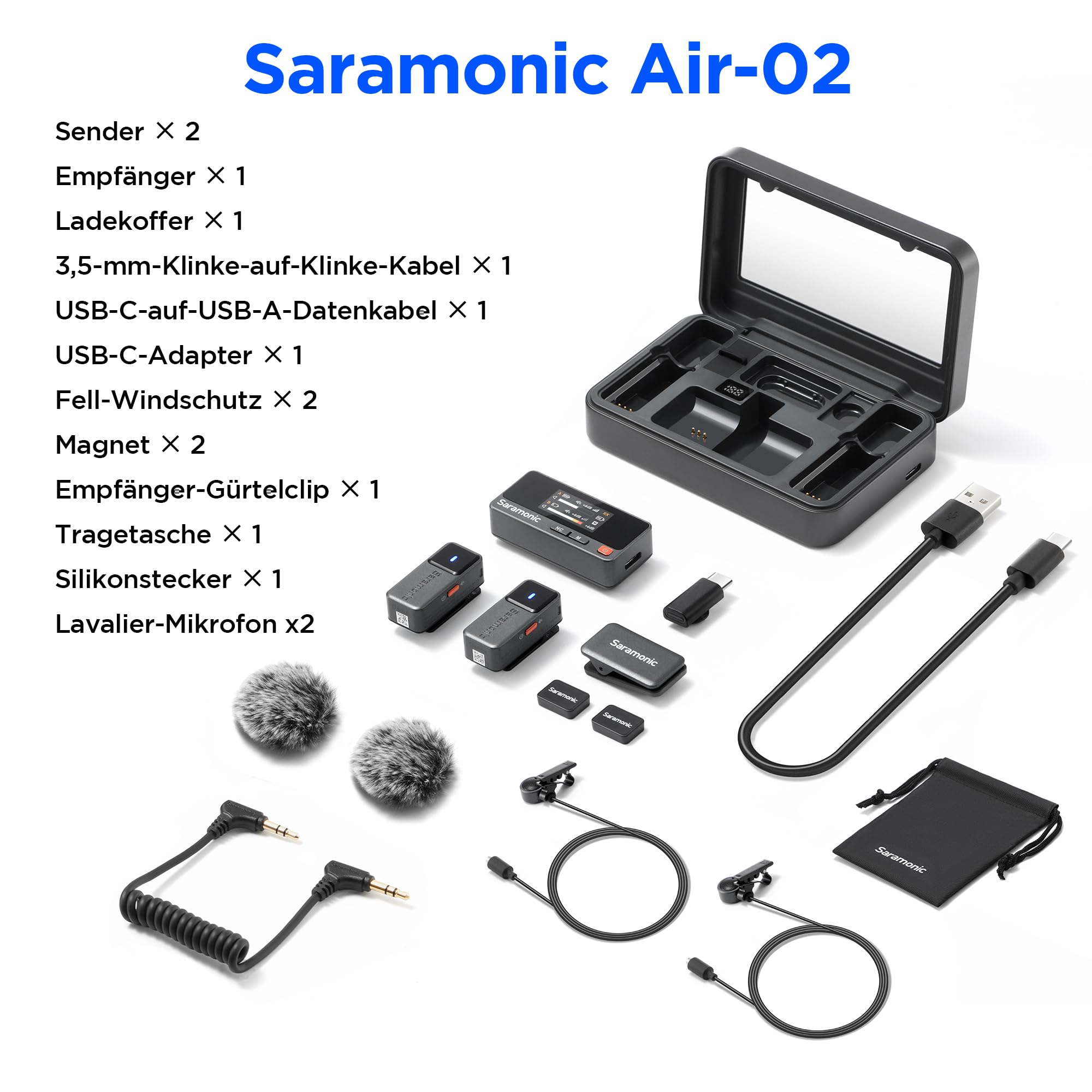 Saramonic Air Wireless Lavalier Mikrofon – Tragbare Ladecase, Ø9,7 mm Mini-Ansteckmikrofon mit 48 kHz/24 Bit, 90 dB SNR für iPhone 15/16 Serie, für Vlog, TikTok
