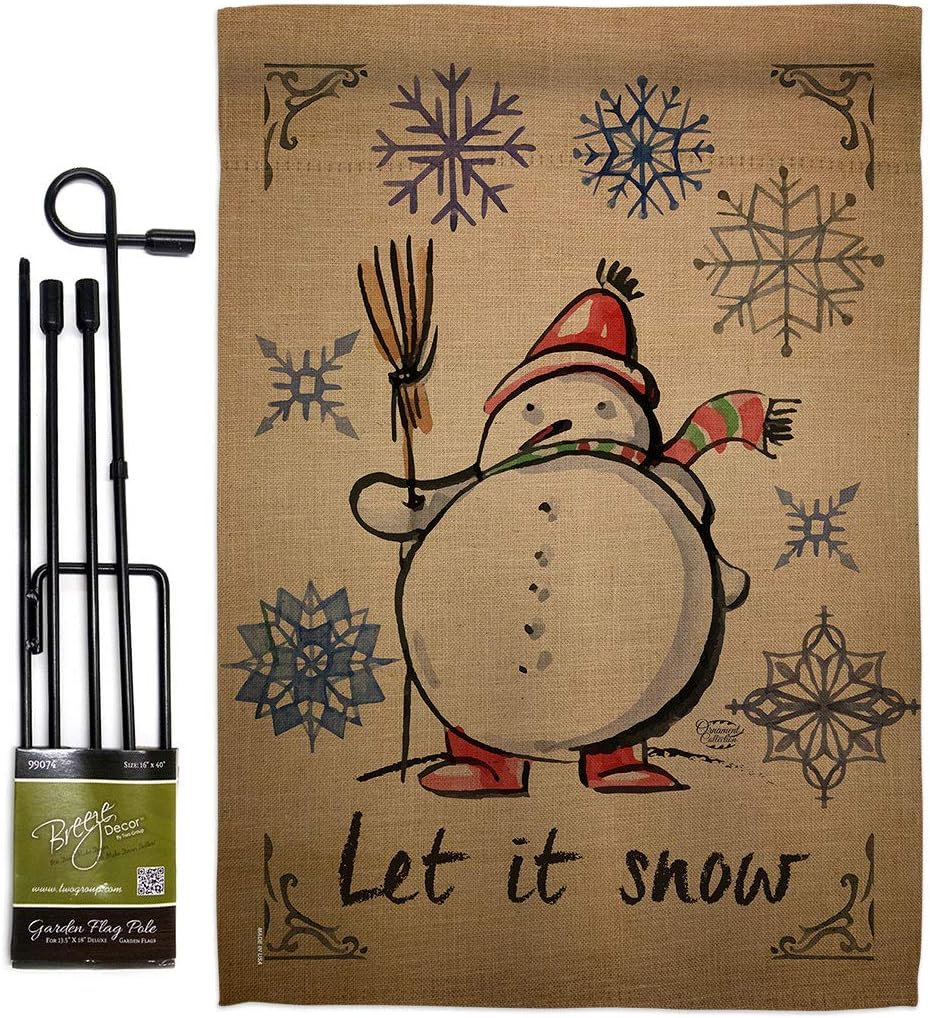 Winter Let it Snow Garden Flag Set Wall Holder Wintertime Wonderland Snowflake Snowman Ice Skate Season Small Decorative Gift Yard House Banner Made In USA 13 X 18.5
