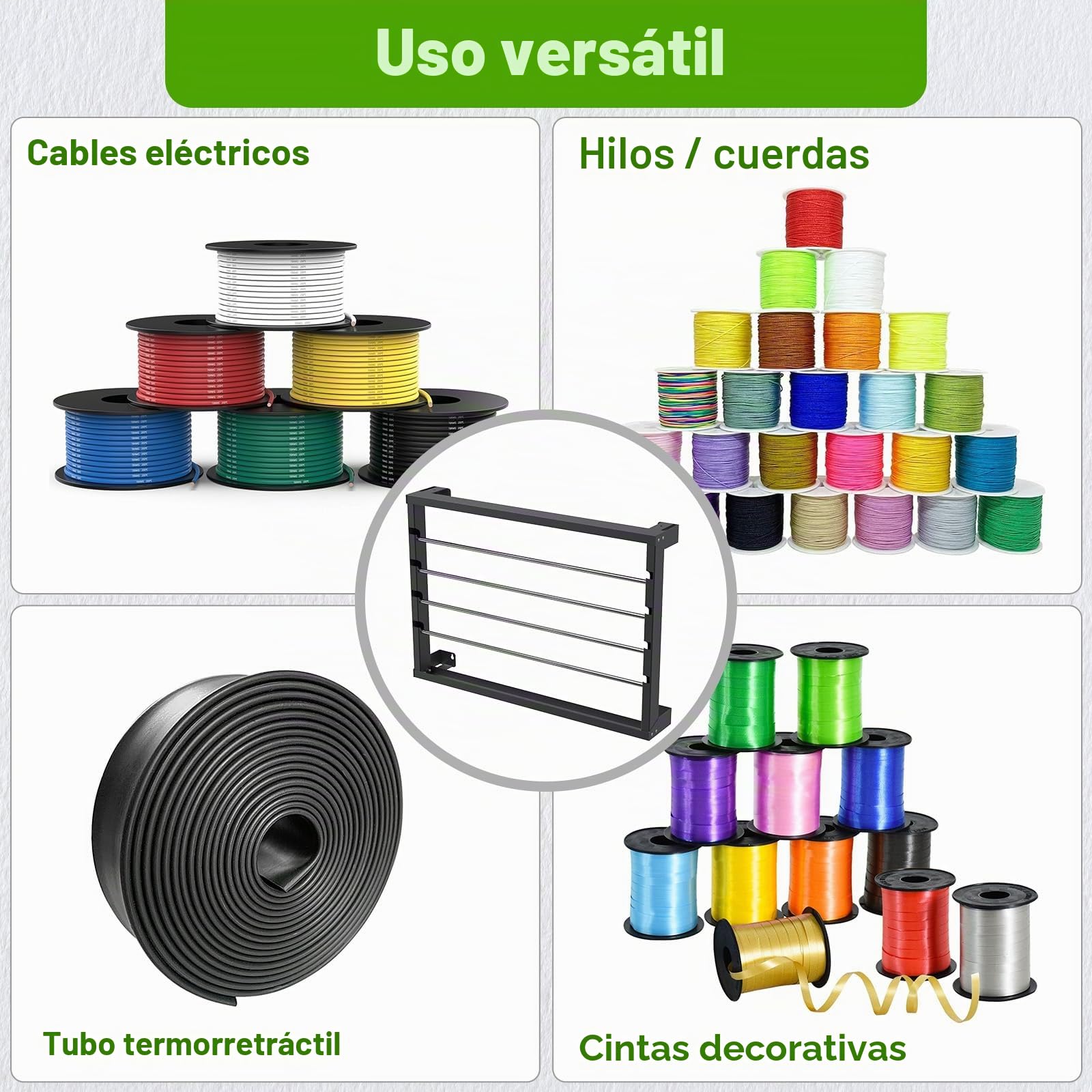 SELEWARE Estante de carrete de alambre, soporte de bobina de alambre montado en la pared, soporte de carrete de alambre, dispensador de alambre/cable resistente con 4 varillas de acero inoxidable para