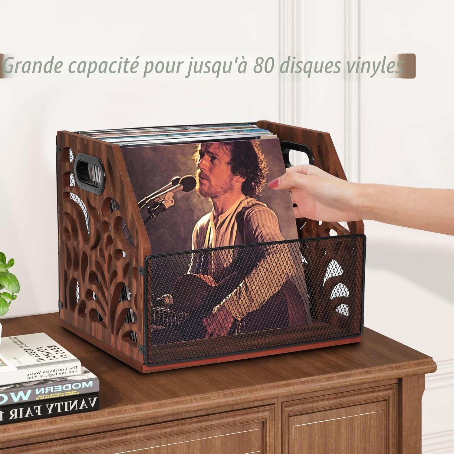 Support de rangement vintage en bois pour disques vinyles - Pour 70 disques vinyles