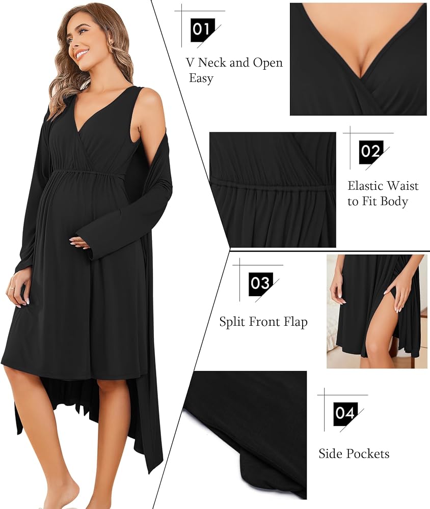 Ekouaer Maternity Nursing Gown and Robe Set Labor Delivery Nursing Nightgowns for Breastfeeding Pregnancy Clothes
