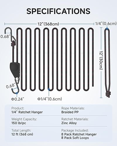 Miniatura 18 de Fondwell Trinquete de amarre de cuerda de 1/8": paquete de 4 perchas ajustables para luz de crecimiento, mini correas de trinquete para varios