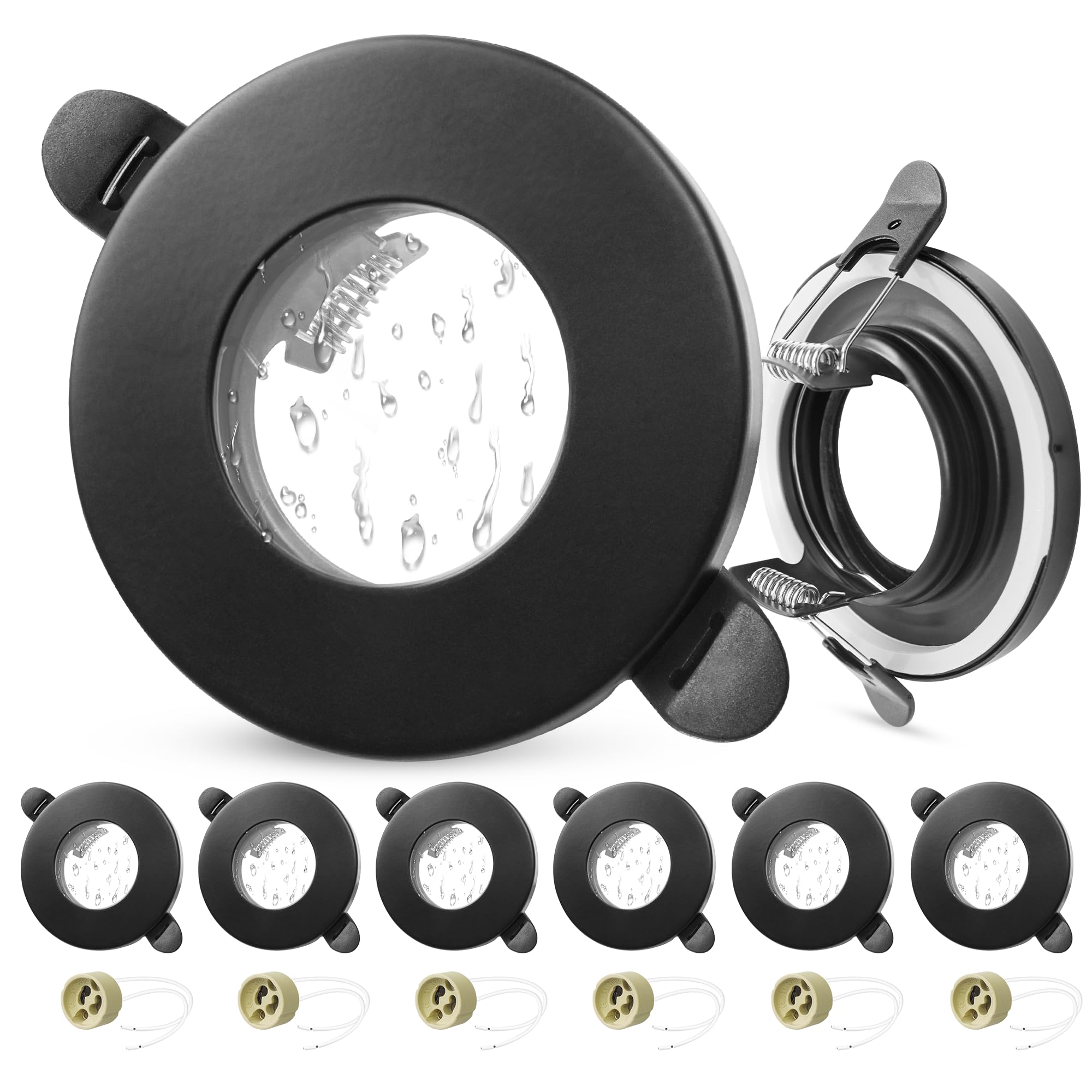 Laiebri 6er LED Einbaustrahler 230V IP65 Rahmen mit GU10 Fassung, LED Spots Badezimmer Ultra Flach 55-70mm Lochmass, Rund GU10 Einbaurahmen Einbauleuchten Einbauspots, Deckenspots Schwarz