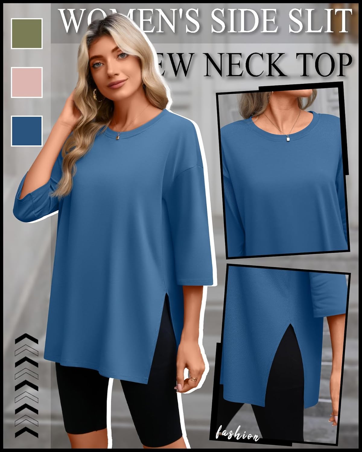 Huukeay 3 Pack Women's Oversized T Shirts Workout 3/4 Sleeve Top Loose Side Split Gym Elbow Crewneck Fall Casual Clothes Tee(Haze Blue, Cinnamon Pink, Grass Green,Medium) - Image 4