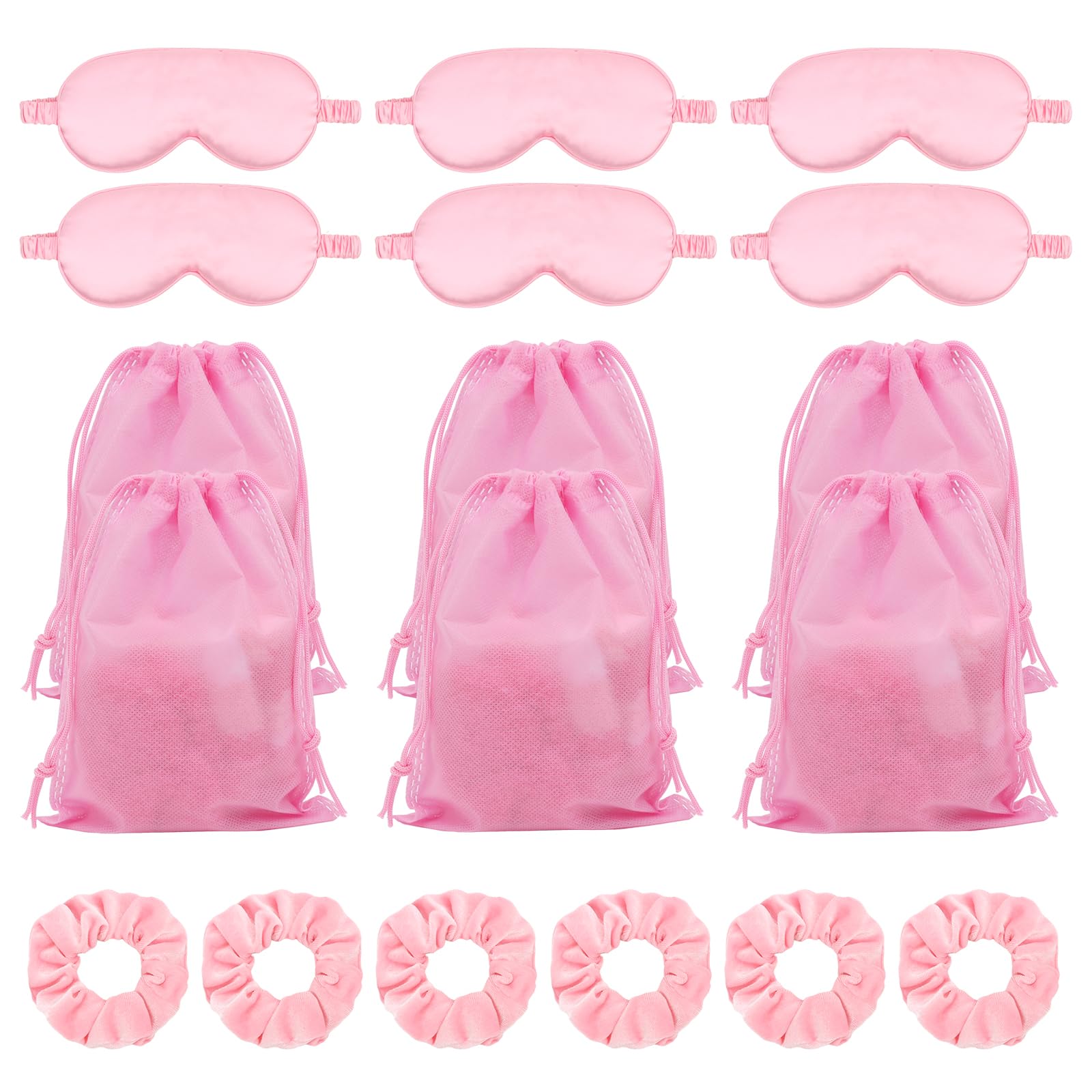AMCAMI Sleepover Party Supplies,18Pcs Pink Slumber Party Favors for Girls Sleepover Stuff for Women,6Pcs Satin Eye Mask 6Pcs Satin Hair Scrunchies,Galentines Party Favors