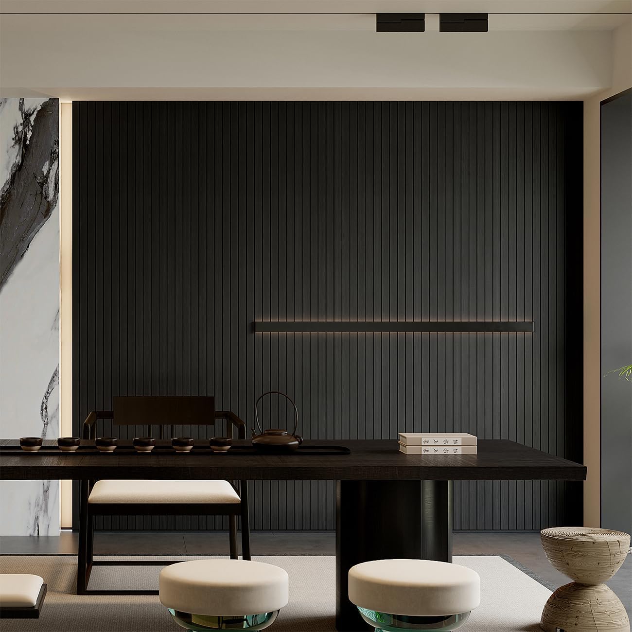 YU LI 3DH Peel and Stick PVC Slat Wall Panel 236"x15.75" Self-Adhesive Thick Faux Black Wood Grain Wallpaper Panel 3D Soundproof Wall Panels for Walls & Ceilings
