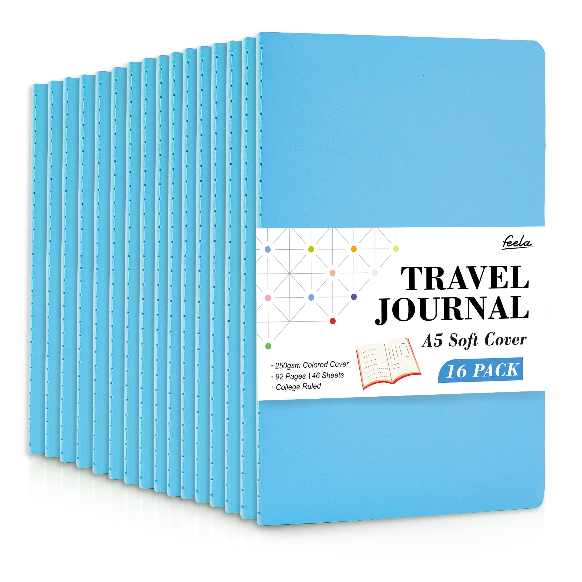 Feela - Confezione Da 16 Quaderni Con Copertina Morbida, A Righe, Per Lavoro, Per Donne, Ragazze, Scritture Vuote, Diario Di Viaggio Per Appunti Scolastici, Forniture Aziendali, 20,8 X 14 Cm, Formato A5, Blu-image
