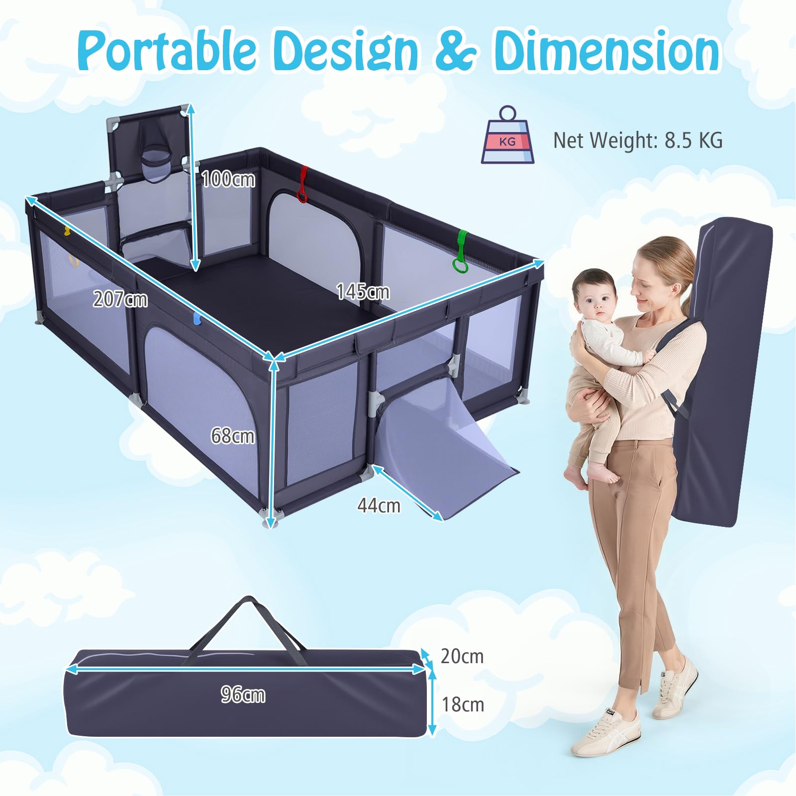 FANTASK Baby Playpen Kojec składany, z koszem do koszykówki i siatkami do piłki nożnej, kojec z torbą do przenoszenia, 50 piłek do gry i uchwytami, kratka do raczkowania z oddychającą siatką
