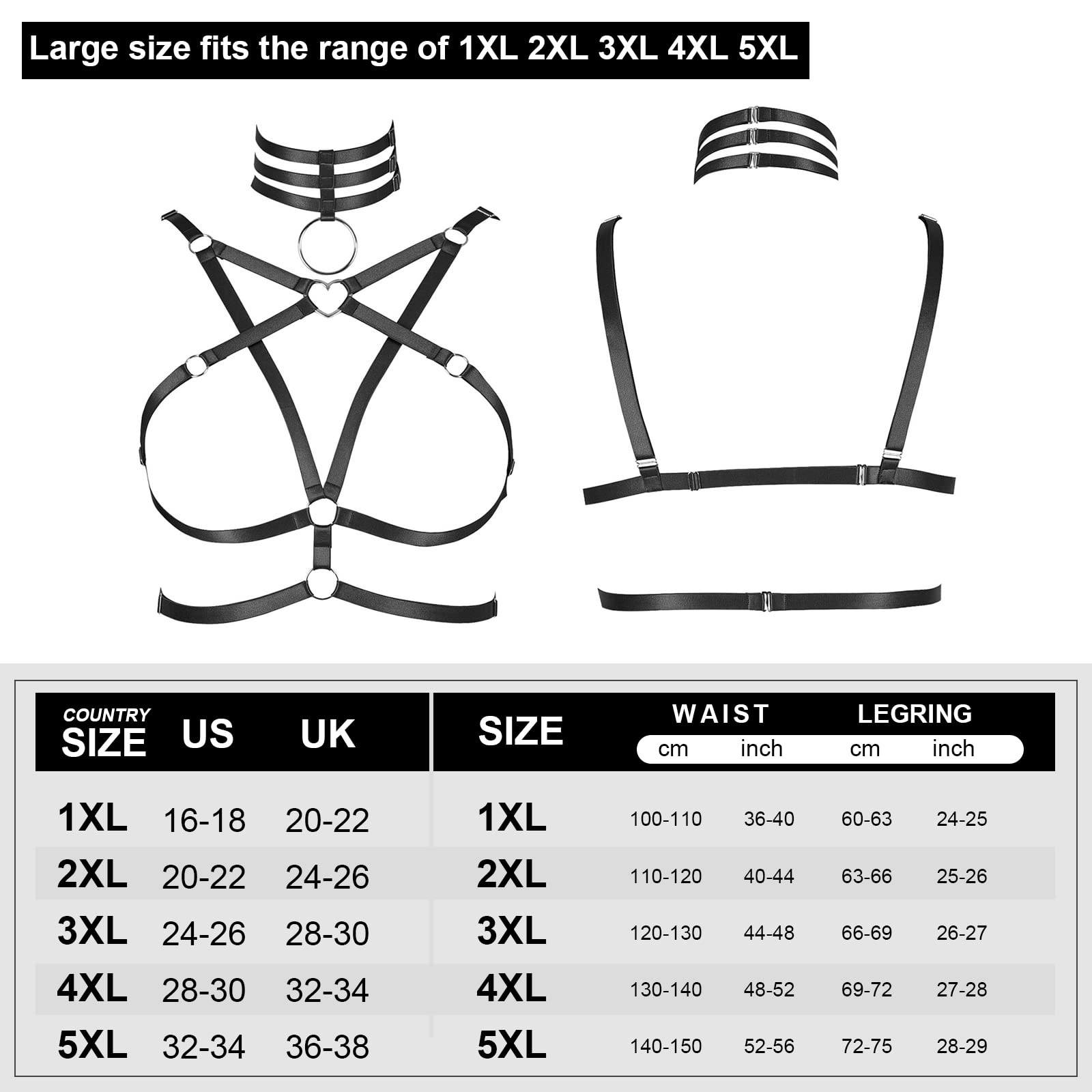 BODYCAGE Plus Size Body gothic harness for Women Obesity Punk Large size Adjustable Plump Festival Rave Chest strap Top Halloween Lingerie cage (Black) - Image 4