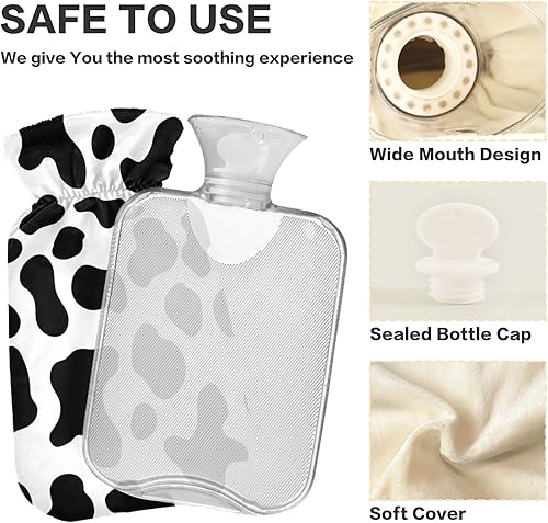 Miniatura 4 de Botella de agua caliente con puntos de vaca blanca y negra, de goma de alta calidad, con diseño de animales de granja, lindas bolsas de agua