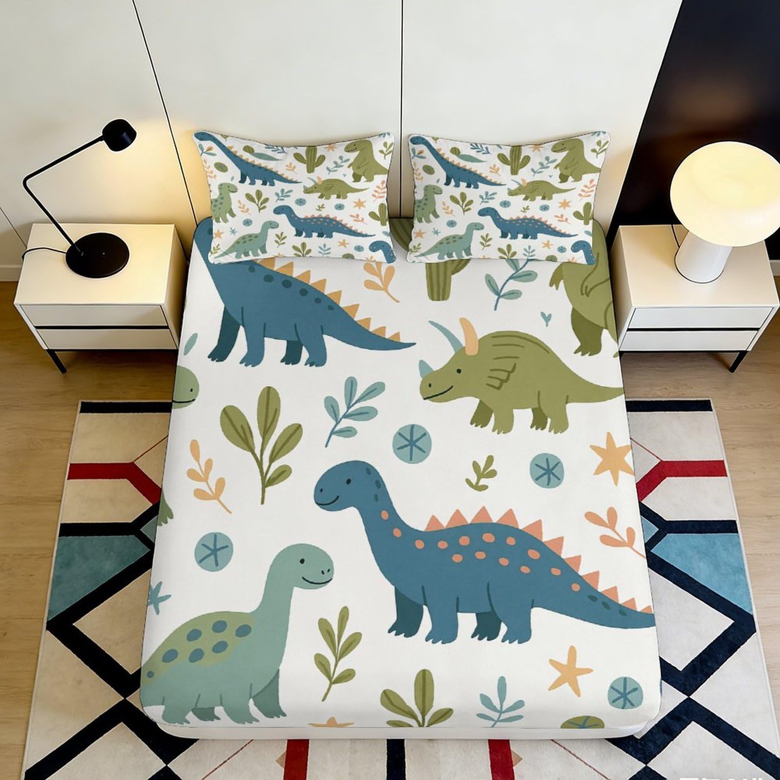 3D Printed Dinosaur Pattern Fitted Sheet Microfiber Soft Durable 3D Printed Leaves Mattress Cover for Bedroom Dormitory Guest Room Mattress Protection 200x200x25cm