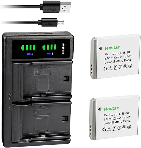 Kastar Paquete de 2 baterías NB-6L y cargador USB LTD2 de repuesto para Canon PowerShot SX280 HS, PowerShot SX500 es, PowerShot SX510 HS, PowerShot