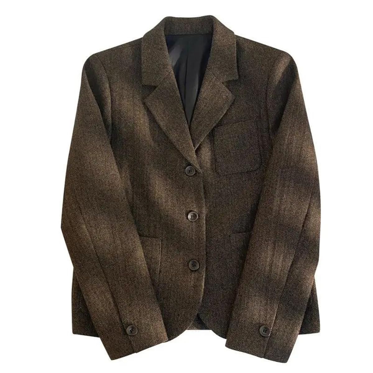Womens Herringbone Blazer Single Breasted Button Coat Business Casual Suit Jacket