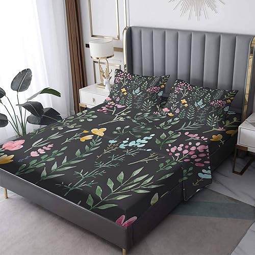 Miniatura 8 de Juego de sábanas de 4 piezas con estampado de palmeras oceánicas y fundas de almohada, tamaño Queen, sábana bajera ajustable de microfibra suave con