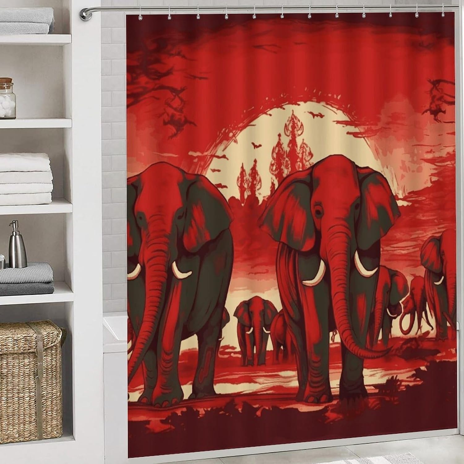 Elephants Red 4Pcs Shower Curtain Set with Non-Slip Rugs, Toilet Lid Cover and Bath Mat,Bathroom Set Decor Accessories,Curtain Set with 12 Hooks, 72 X 72 Inch