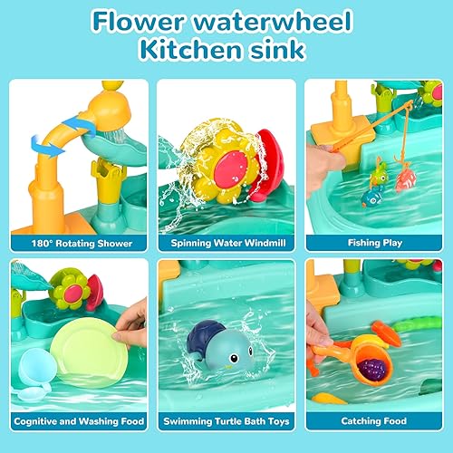 Miniatura 8 de Fregadero de juego para niños con agua corriente, mini mesa de agua, juguetes de agua, grifo mejorado y platos de juego, juguete eléctrico para