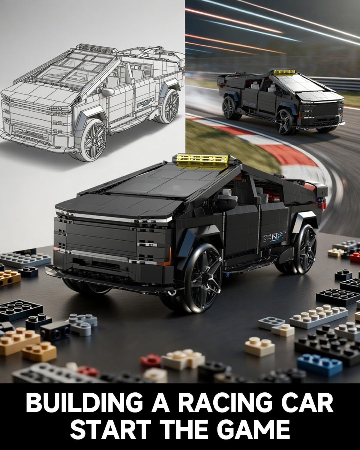 Remote Control Building Kit, Futuristic Cyber Truck Model, Black Electric RC Vehicle with Omniwheel Drift, 1572 Pieces Construction Set for Adults, 14+