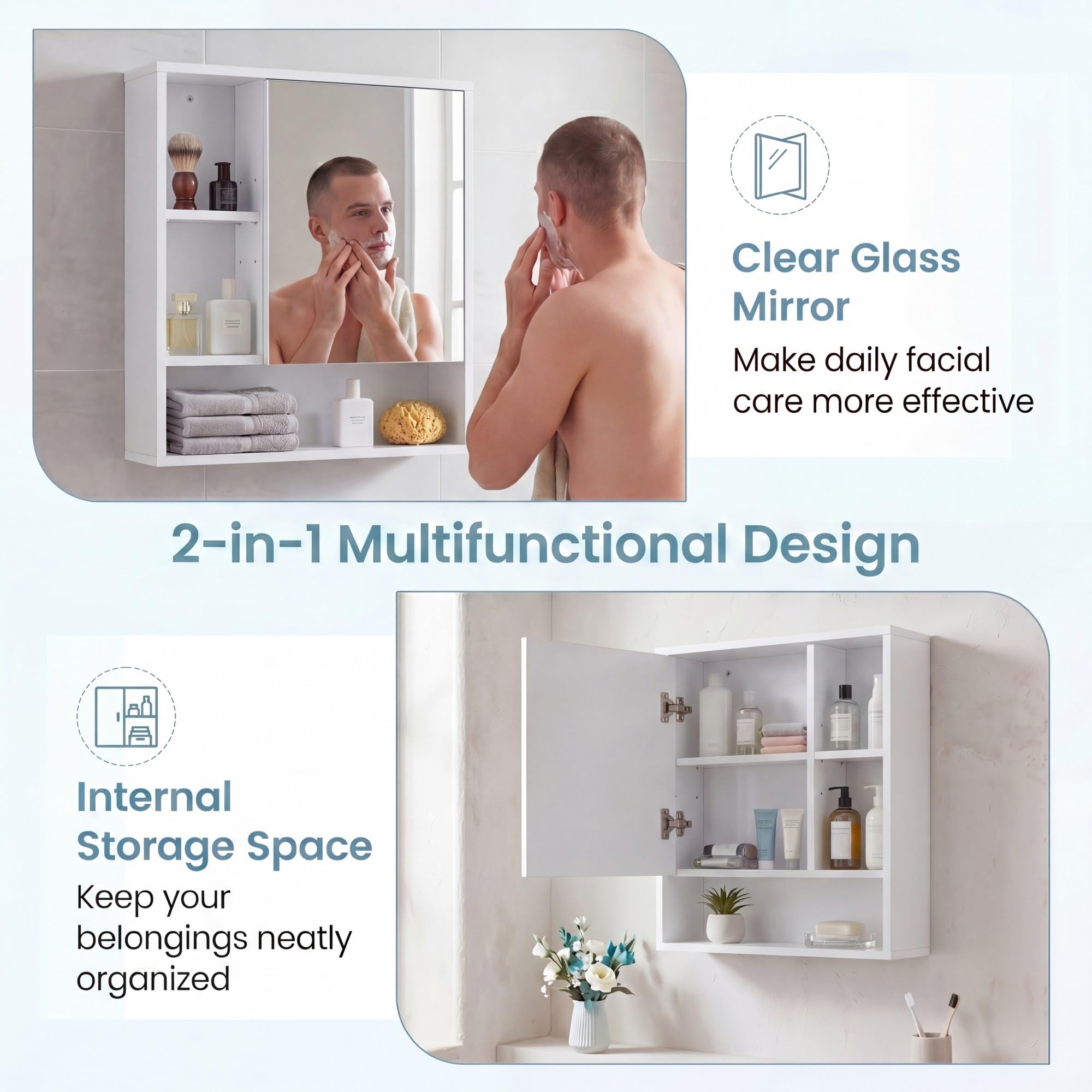 LIFEZEAL Armadietto da Parete per Bagno con Specchio, Mobile per Bagno con Mensola Regolabile e Rimovibile, Scomparto Aperto, Porta a Specchio, per Soggiorno, Ingresso, 55 x 16 x 61 cm (Bianco)