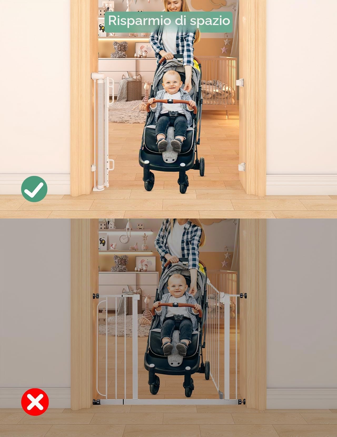 Momcozy Barriera Sicurezza, Blocco Auto, Retrattile, Bianco, 140 cm | Bambino, Scala, Cane, Una Mano, Corridoio, Cucina, Interno, Esterno