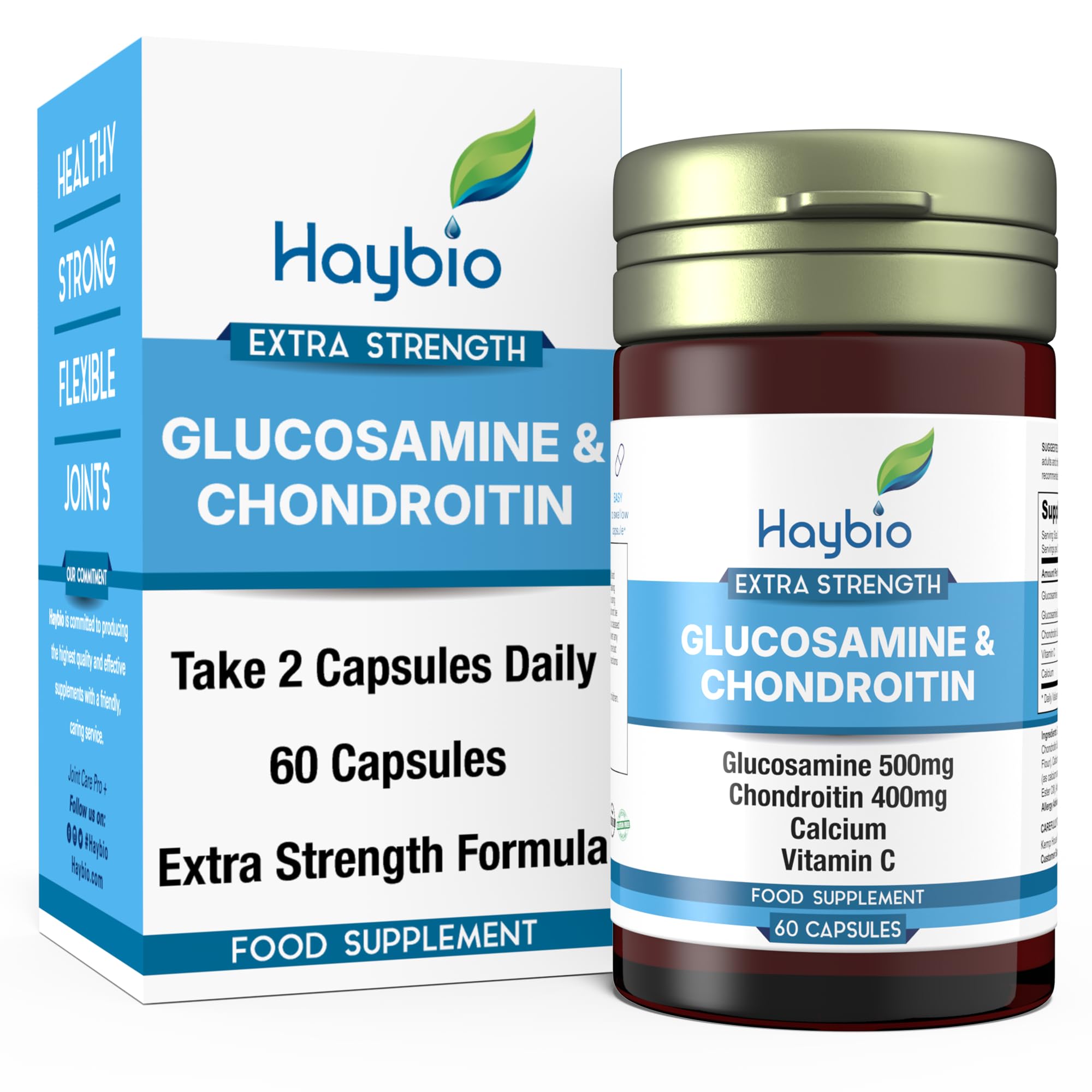 Glucosamine and Chondroitin High Strength - Joint Care Pain Relief Supplement for Men & Women - Anti inflammatory Formula - Vitamin C & Calcium Rebuild Cartilage 60 Capsules - Made in UK