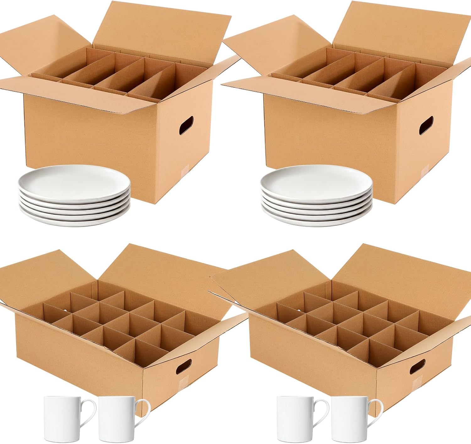4 Pack Kitchen Moving Boxes with Divider and Handle Kits Included 15 x 12 x 10 Inch 2 Wine Glass Packing Box 17.7 x 13.4 x 5.7 Inch 2 Mug Kitchen Moving Boxes
