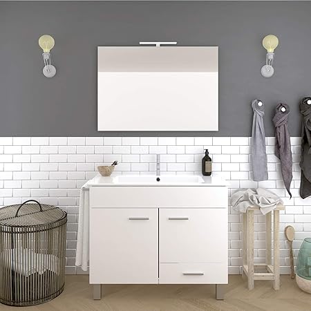 PDM Mueble de baño Hades con Espejo y Lavabo - Gran Espacio de almacenaje con Puertas y cajón. Toallero de Regalo. Medida: 60 cm, Blanco Brillo