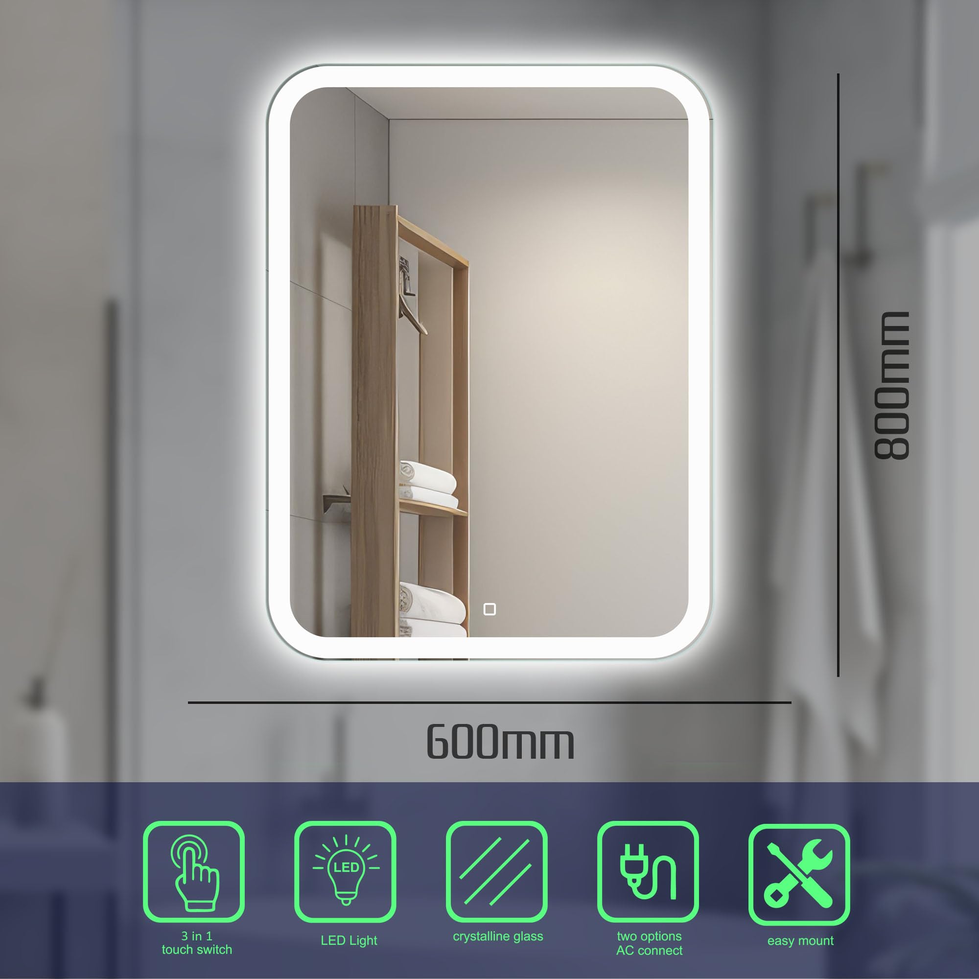 Rechteckiger LED Badspiegel 60 × 80 cm, Frontbeleuchtung | Badezimmerspiegel mit Beleuchtung, LED Wandspiegel, Touchschalter, Dimmbar, Neutralweißes Licht, Abgerundete Ecken