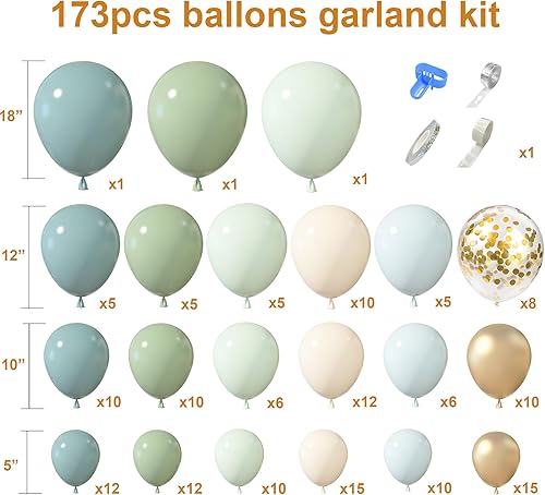 Miniatura 2 de Amandir Kit de Arco de Guirnalda de Globos Azul Polvoriento Verde de 173 Piezas, Globos de Confeti Azul Neblina Niebla Azul Ceniza Niebla Verde