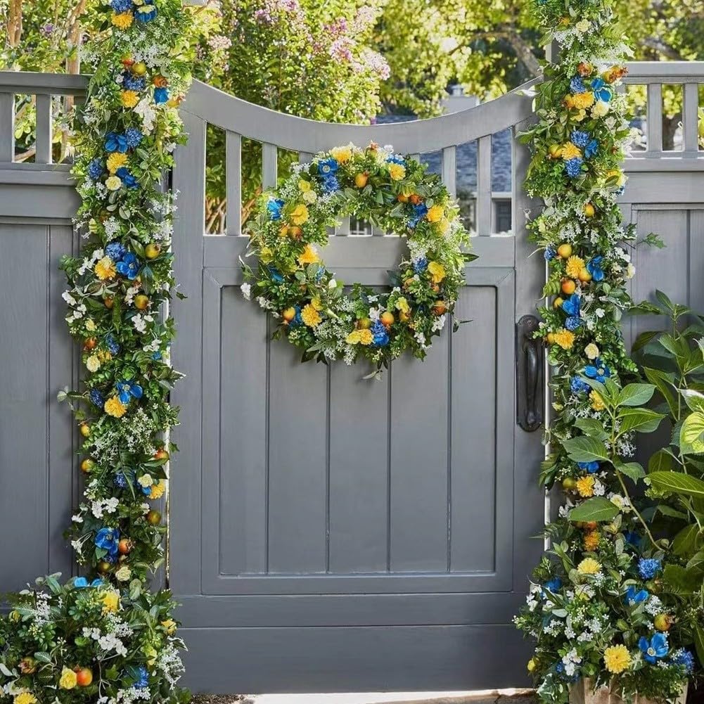 KiraKira Couronne de printemps verte et bleue de 45 cm, guirlande de fleurs artificielles en soie pour porte, mur, intérieur, extérieur, décoration saisonnière