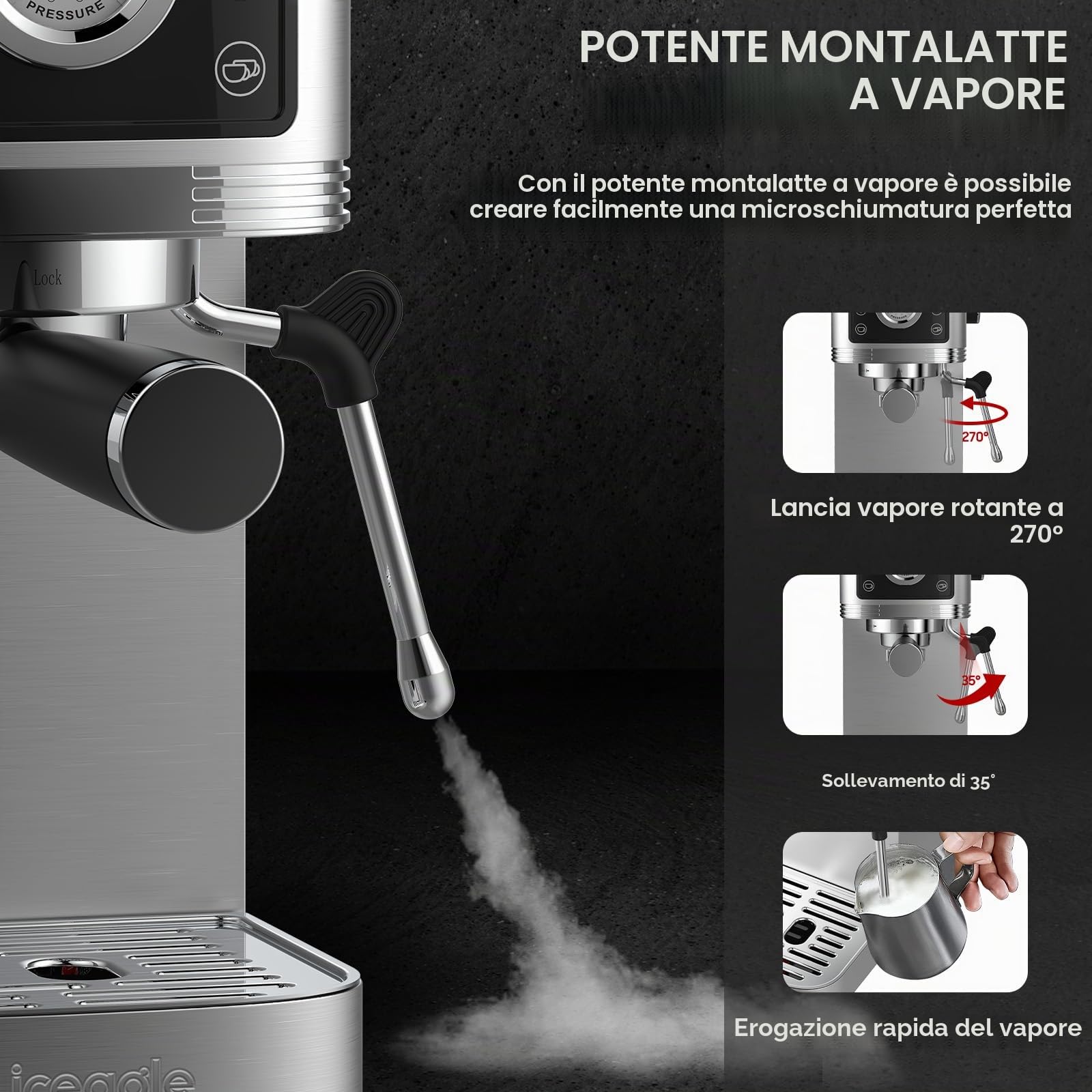 iceagle Macchina da Caffè Espresso CM1660B Manuale e Cappuccino - 20 Bar Caffettiera con Pompa Italiana | Espresso Maker 1350W, Acciaio Inox, Montalatte, Piano Scaldatazze, Serbatoio Estraibile 1,3L