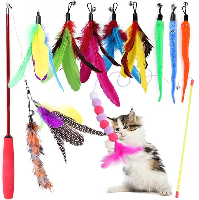 Petnice 12 Pack Cat Feather Toys, Interactive Cat Toys for Indoor Cat, 1 Cat Retractable Teaser Wand with 10 Pcs Refills and 1 Fix Teaser Wand