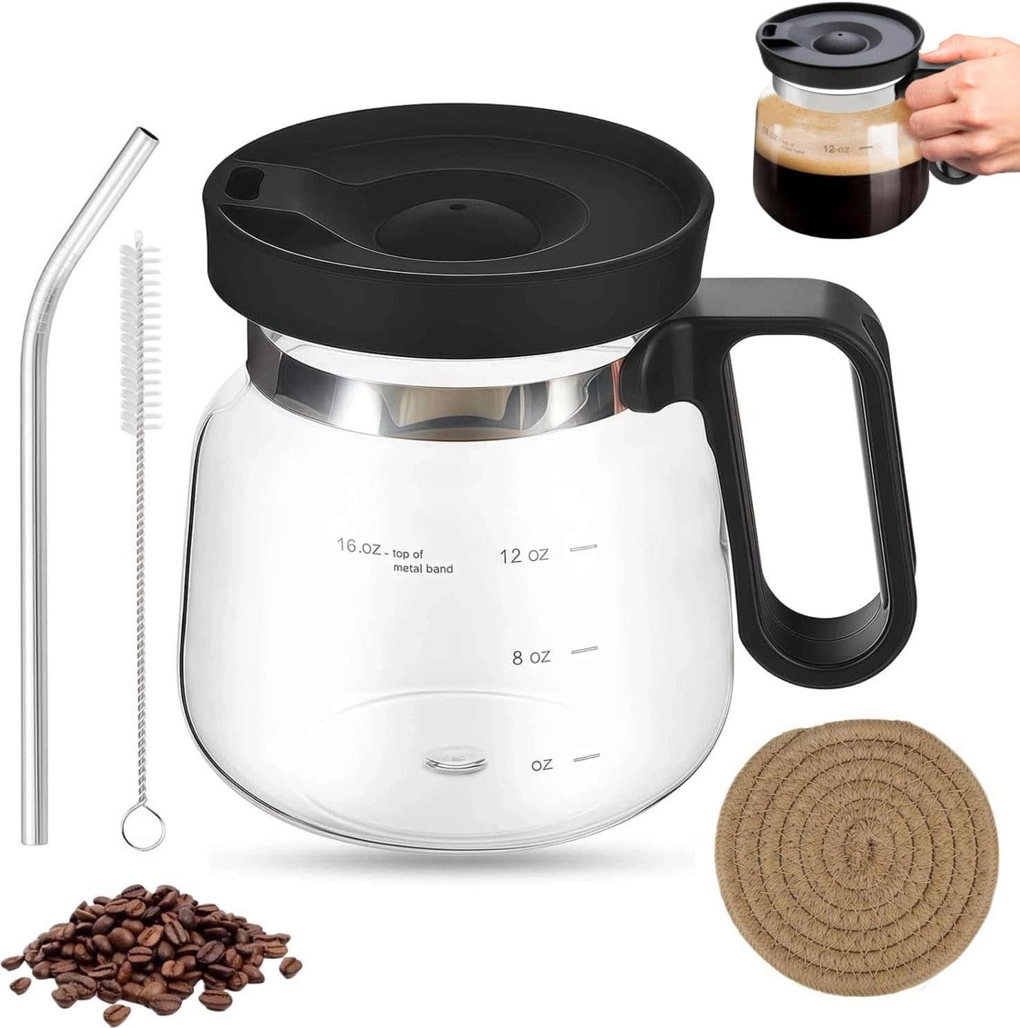16 Oz Glass Coffee Pot Mug, Mini Coffee Pot Cup, Novelty Heatproof Large Capacity Clear Cup with Handle & Spill Proof Lid, Comes Straw & Coasters, Ideal Gift for Coffee Lovers