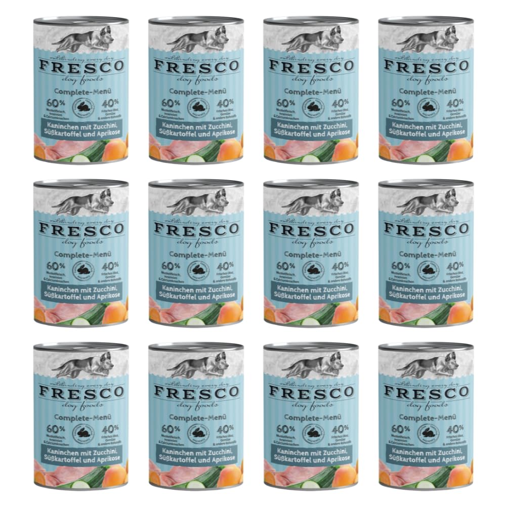 Fresco Complete-Menü Kaninchen mit Zucchini, Aprikose & Borretsch | 12er Pack | 12 x 400 g | Nassbarf für Hunde | Wichtige Proteine & Eiweiß | Grob zerkleinertes Naturprodukt