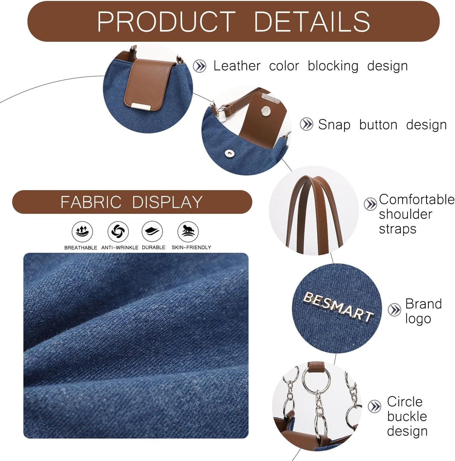 BESMART Denim Canvas Tote Bag Shoulder Bags for Women, Women's Handbag with Circle Chain, Female Satchel for Daily/Commuter