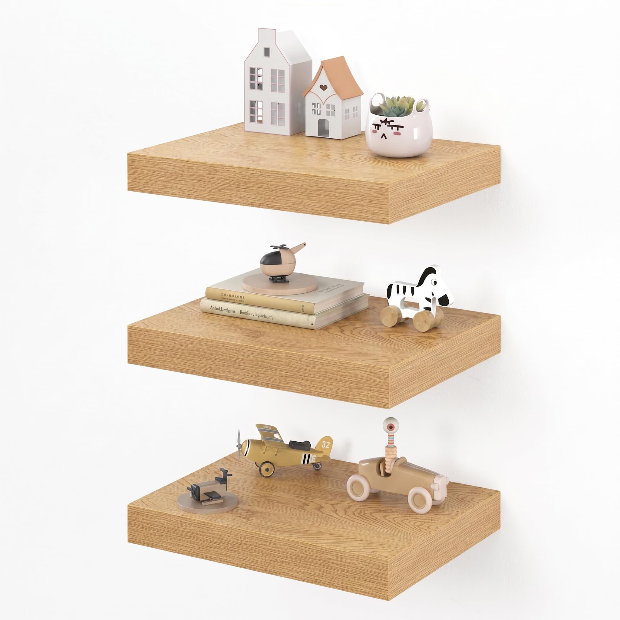 Dreamland 16" Floating Shelves for Wall, 12" Deep Thicker Floating Shelves, Wall-Mounted Shelves for Bedroom, Living Room, Kitchen, Bathroom,Oak - Set of 3